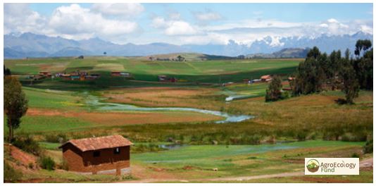 Panoramic scene of African farmland and mountains.